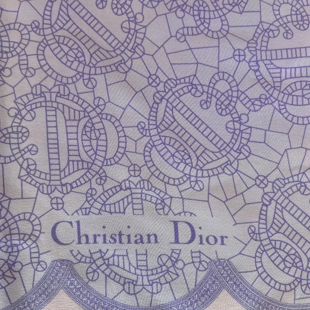 Auth. Christian Dior Pink & Lavender Silk Scarf Polka Dot & Logo Monogram Design